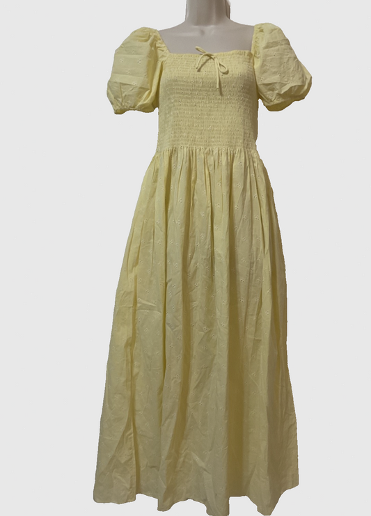 Solid Stripe Corinna Eyelet Dress Cover Up Smocked M Buttercup Yellow Long $278