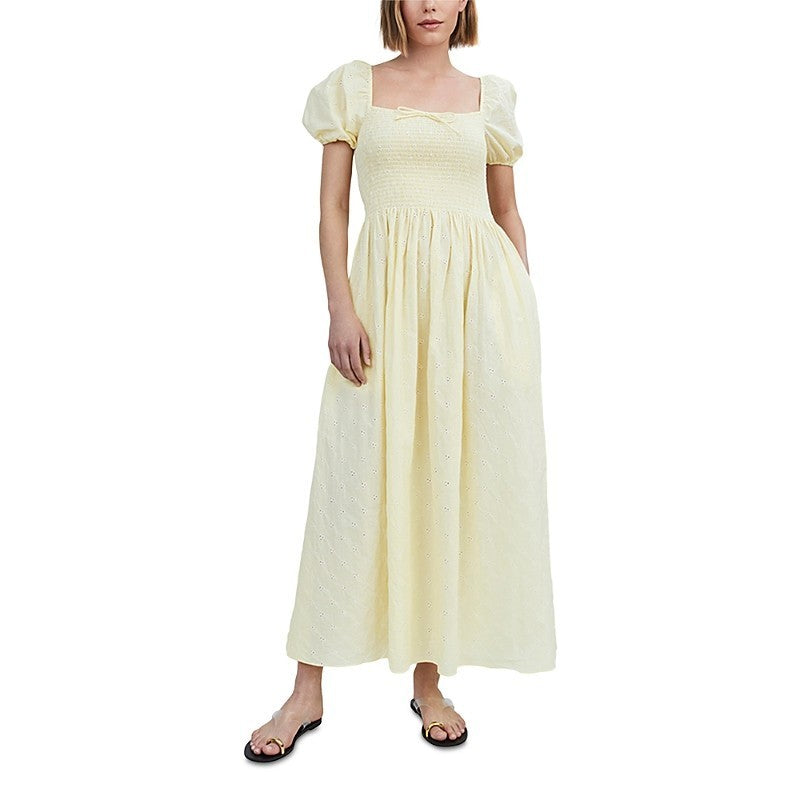 Solid Stripe Corinna Eyelet Dress Cover Up Smocked  M Buttercup Yellow Long $278