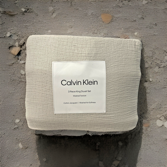 Calvin Klein Washed Texture King Duvet Cover & Shams Set Light Grey New