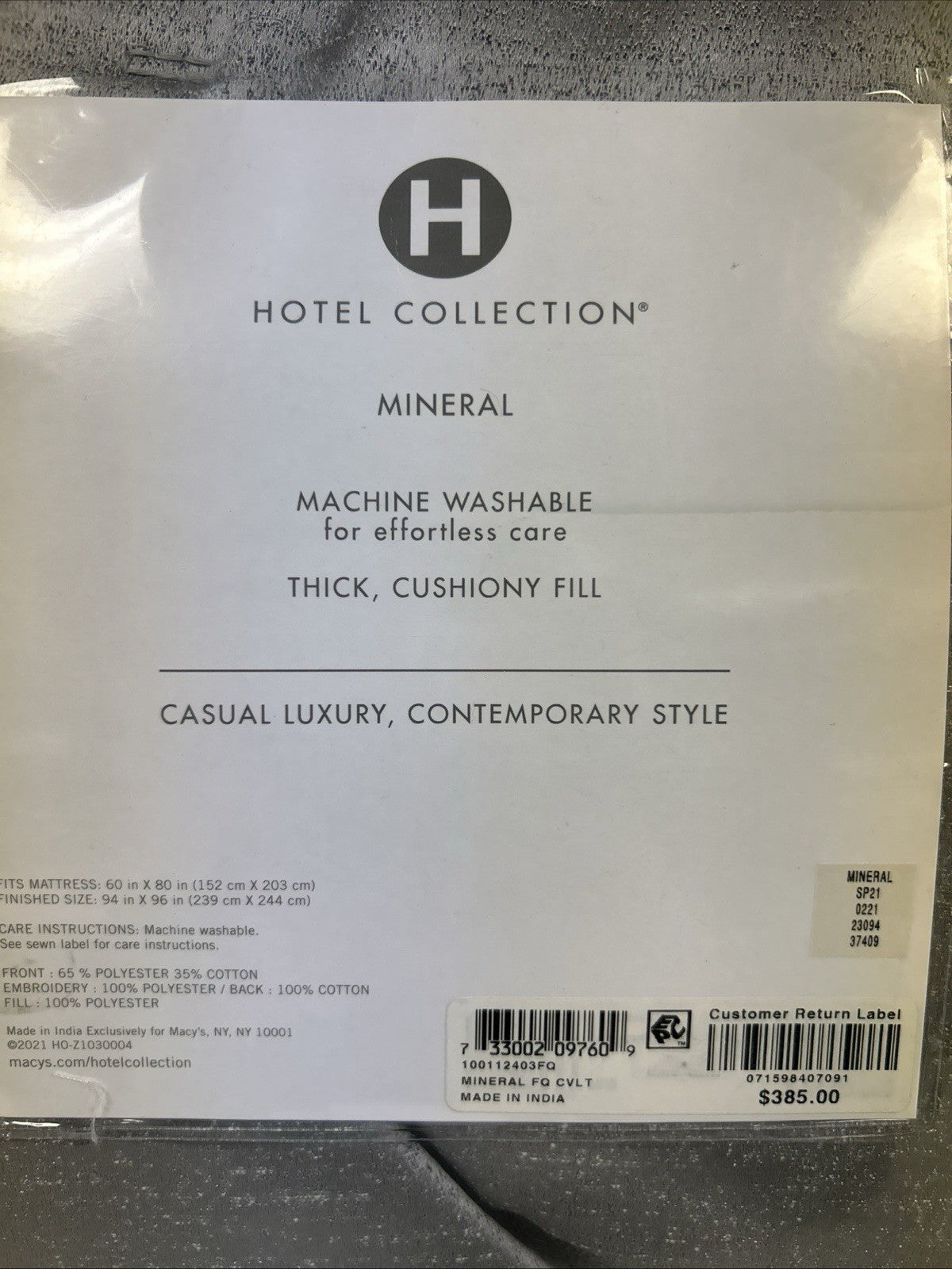 Hotel Collection Coverlet Mineral F/Q, Quilted Silver
